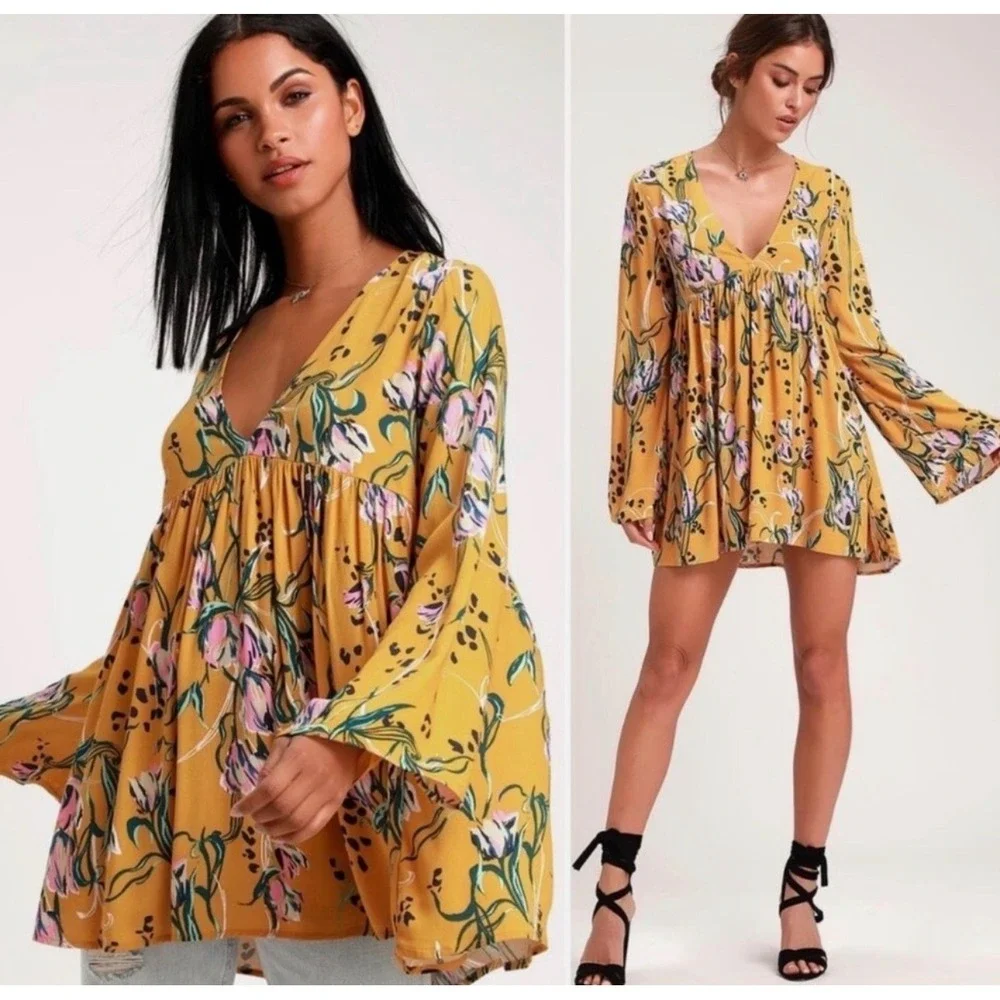 Free People Bella Floral Print Empire Tunic Top in golden yellow Size M‎ Boho